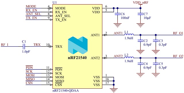 Applikations-Schaltungsdiagramm - Nordic Semiconductor nRF21540 HF-Frontend-Module