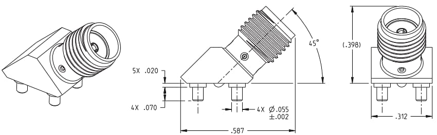 Technische Zeichnung - Johnson / Cinch Connectivity Solutions 45 ° SMA-Steckverbinder zur PCB-Montage