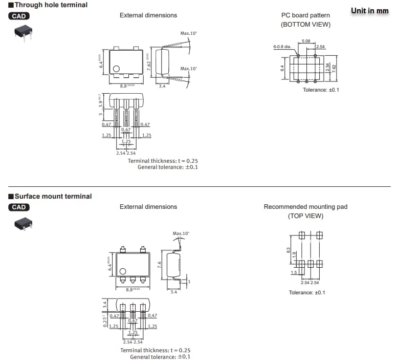 Technische Zeichnung - Panasonic Industrial Devices AQV258H5 PhotoMOS®