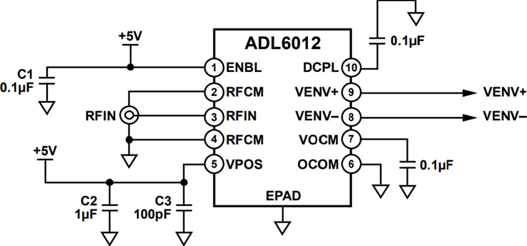 Applikations-Schaltungsdiagramm - Analog Devices Inc. ADL6012 Schneller Hüllkurvendetektor (2 bis 67 GHz, 500 MHz BW)
