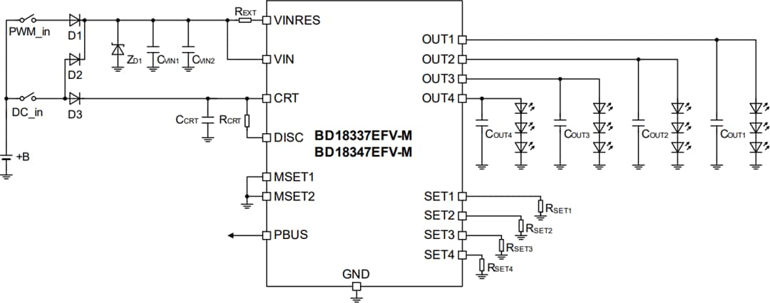 Applikations-Schaltungsdiagramm - ROHM Semiconductor BD18337EFV-ME2 und BD18347EFV-ME2 LED-Treiber
