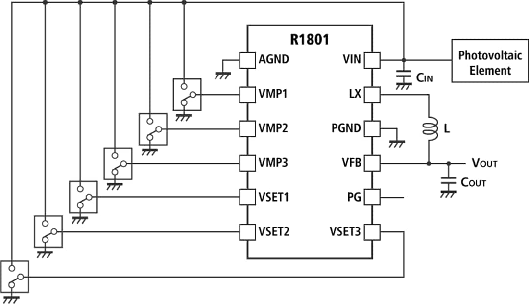 Application Circuit Diagram - Nisshinbo R1801K Power-Storing Buck DC-DC Converter