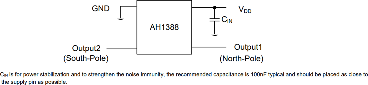 Applikations-Schaltungsdiagramm - Diodes Incorporated AH1388 Unipolarer Hall-Effekt-Schalter mit Dual-Ausgang