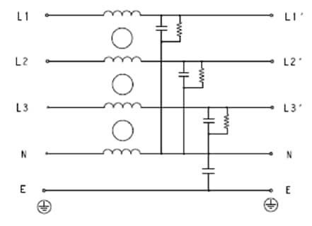 Applikations-Schaltungsdiagramm - TE Connectivity KEB und KES Dreiphasen-Universal-EMI-Filter