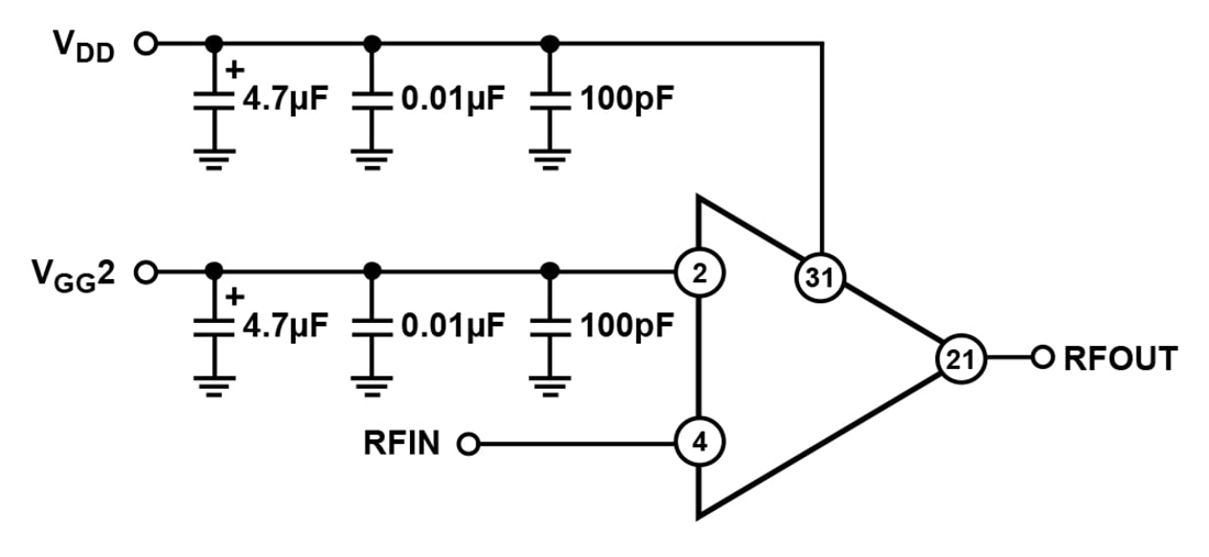 Applikations-Schaltungsdiagramm - Analog Devices Inc. ADL9006 Selbstvorgespannter LNA (2 bis 28 GHz)