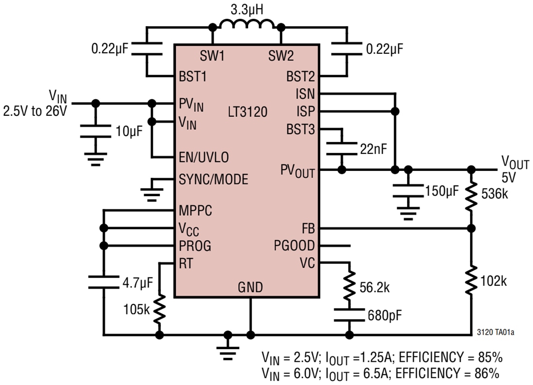 Applikations-Schaltungsdiagramm - Analog Devices Inc. LT3120 Monolithischer Abwärts-/Aufwärtswandler