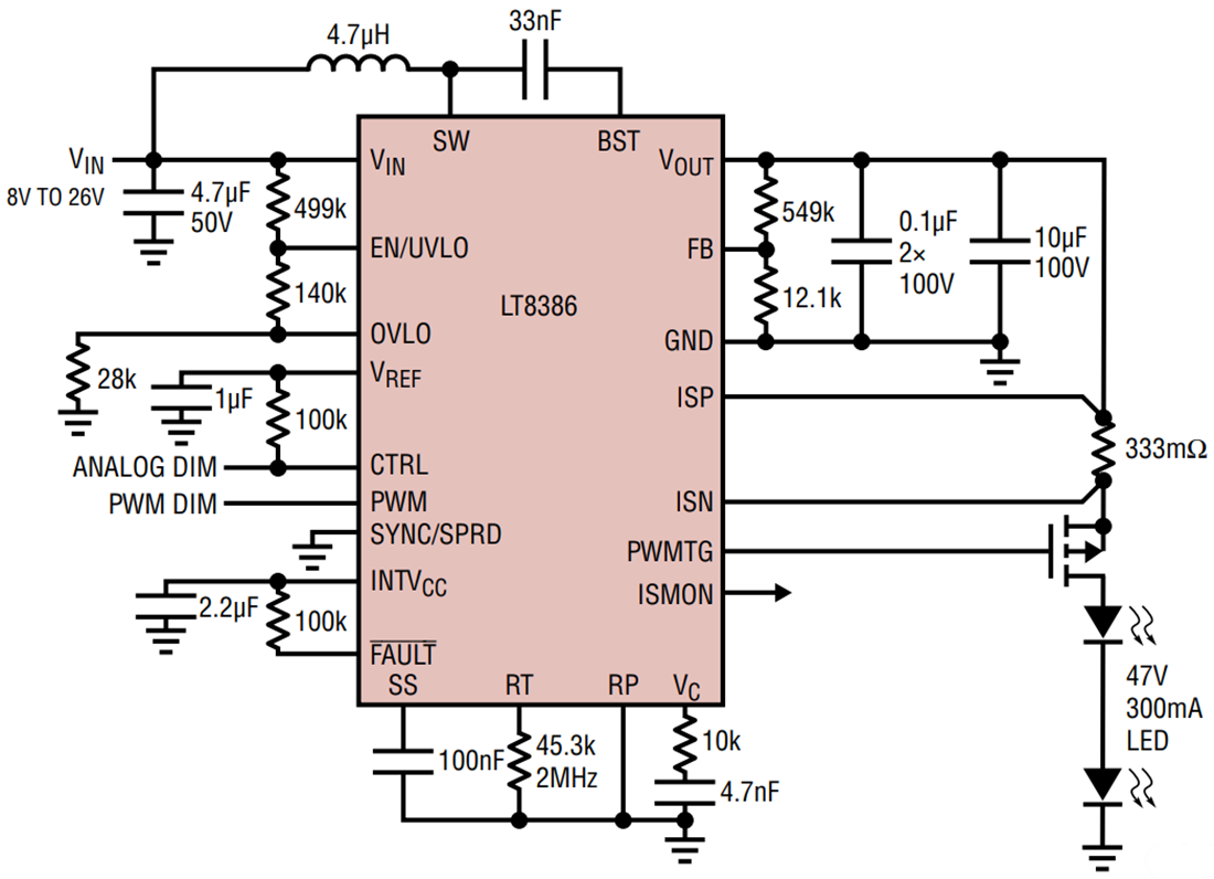 Applikations-Schaltungsdiagramm - Analog Devices Inc. LT8386 Synchroner LED-Aufwärtstreiber
