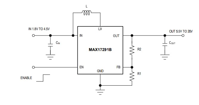 Applikations-Schaltungsdiagramm - Analog Devices / Maxim Integrated MAX17291B Hochspannungs-Mikropower-Aufwärtswandler