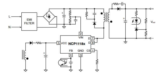 Applikations-Schaltungsdiagramm - onsemi NCP1118x mWSaver® Integrierte Leistungsumschalter