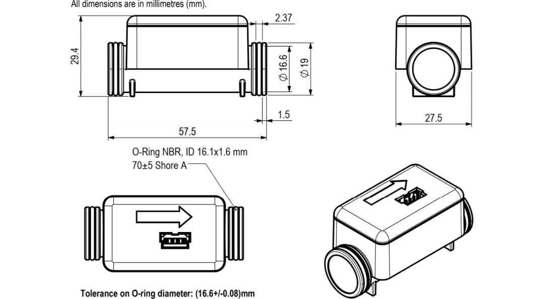 Technische Zeichnung - Sensirion SFM3119 Digitaler Durchflussmesser mit geringem Druckabfall