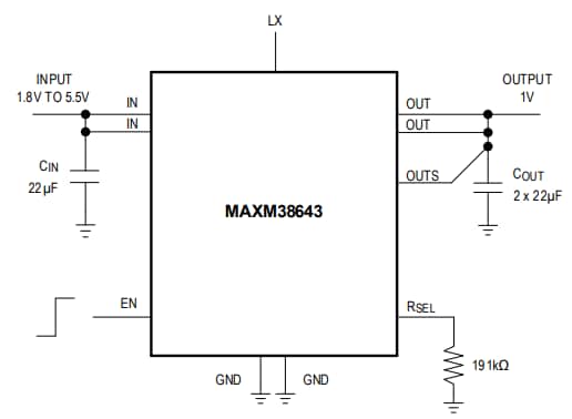 Applikations-Schaltungsdiagramm - Analog Devices / Maxim Integrated MAXM38643 nanoPower-Abwärtsmodul