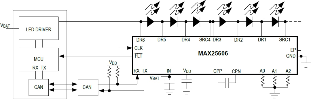 Applikations-Schaltungsdiagramm - Analog Devices / Maxim Integrated MAX25606 Matrix-Manager mit 6 Schaltern für LED-Beleuchtung