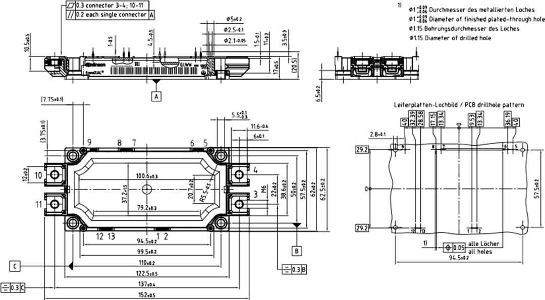 Technische Zeichnung - Infineon Technologies 1.700-V-Fourpack-IGBT-Module