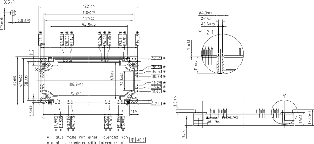 Technische Zeichnung - Infineon Technologies 1.700-V-Fourpack-IGBT-Module