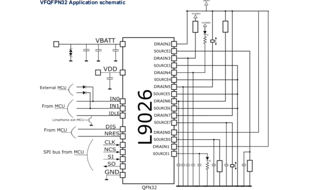 Applikations-Schaltungsdiagramm - STMicroelectronics L9026 Mehrkanal-Relais-Treiber