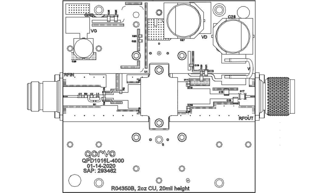 Technische Zeichnung - Qorvo QPD1016LEVB01 Evaluierungsboard
