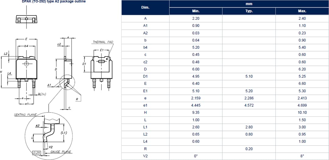 Technische Zeichnung - STMicroelectronics STD80N240K6 800 V 16 A MDmesh K6 Leistungs-MOSFET