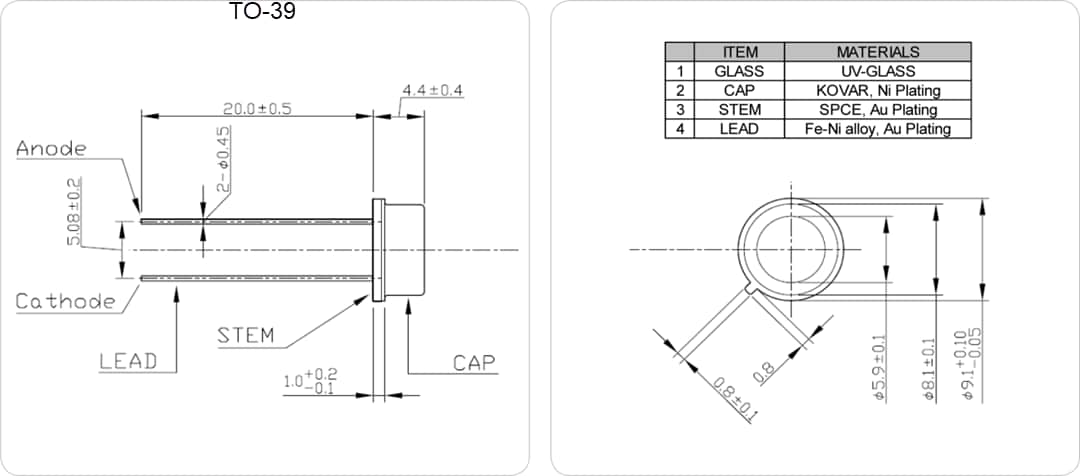 Mechanical Drawing - Marktech Optoelectronics Metal Can UV-A & UV-B Emitters