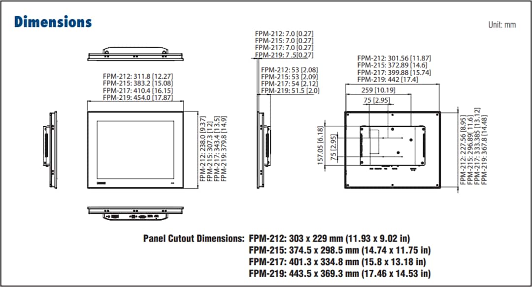 Technische Zeichnung - Advantech FPM-200 Industriemonitore
