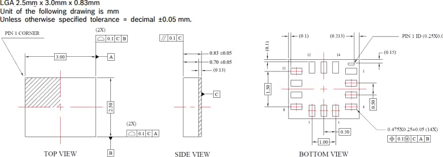 Technische Zeichnung - Bosch BMI323 6-Achsen-Trägheitsmesseinheit (IMU)