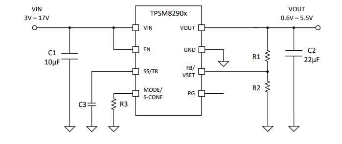 Applikations-Schaltungsdiagramm - Texas Instruments TPSM82901 synchrones Abwärtswandler-Leistungsmodul