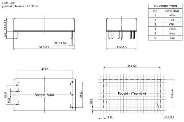 Technische Zeichnung - CUI Inc PRC60W DC/DC-Wandler