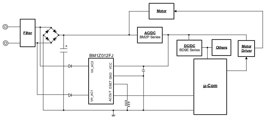 Applikations-Schaltungsdiagramm - ROHM Semiconductor BM1Z012FJ Wechselspannungs- Nulldurchgangs-Erkennungs- IC