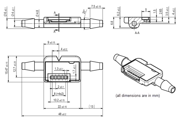 Technische Zeichnung - Sensirion LD20-2600B Durchflusssensor