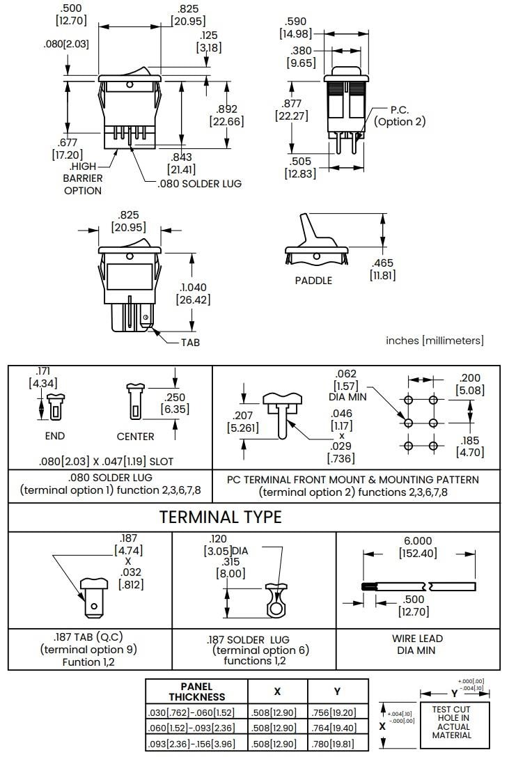 Technische Zeichnung - Carling Technologies 611/621-Baureihe Wippschalter