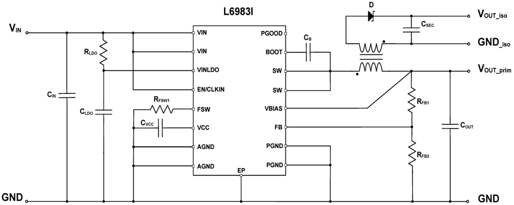 Applikations-Schaltungsdiagramm - STMicroelectronics STEVAL-L6983IV1 Synchrones Iso-Abwärtswandler-Evaluierungsboard