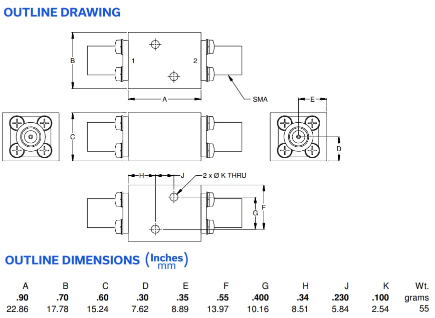Mechanical Drawing - Mini-Circuits ZLSS Suspended Substrate Low Pass Filters