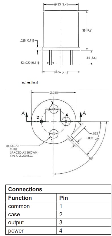 Technische Zeichnung - Amphenol Wilcoxon LVEP-TO5 Embedded-Beschleunigungsmesser
