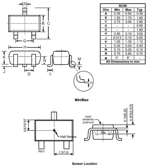 Technische Zeichnung - Diodes Incorporated AH49FQ Hall-Effekt-Sensor