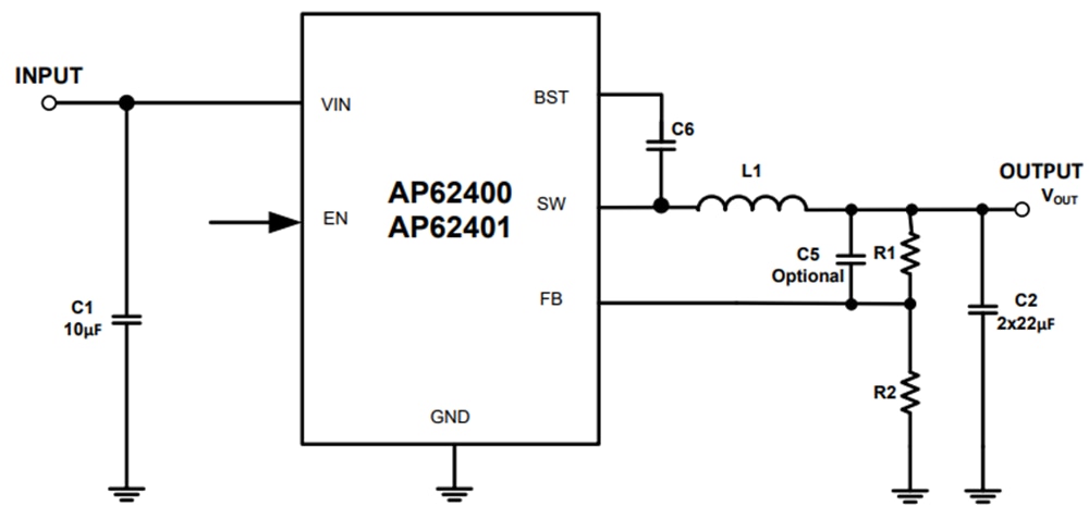 Applikations-Schaltungsdiagramm - Diodes Incorporated AP62400 und AP62401 Synchrone Abwärtswandler