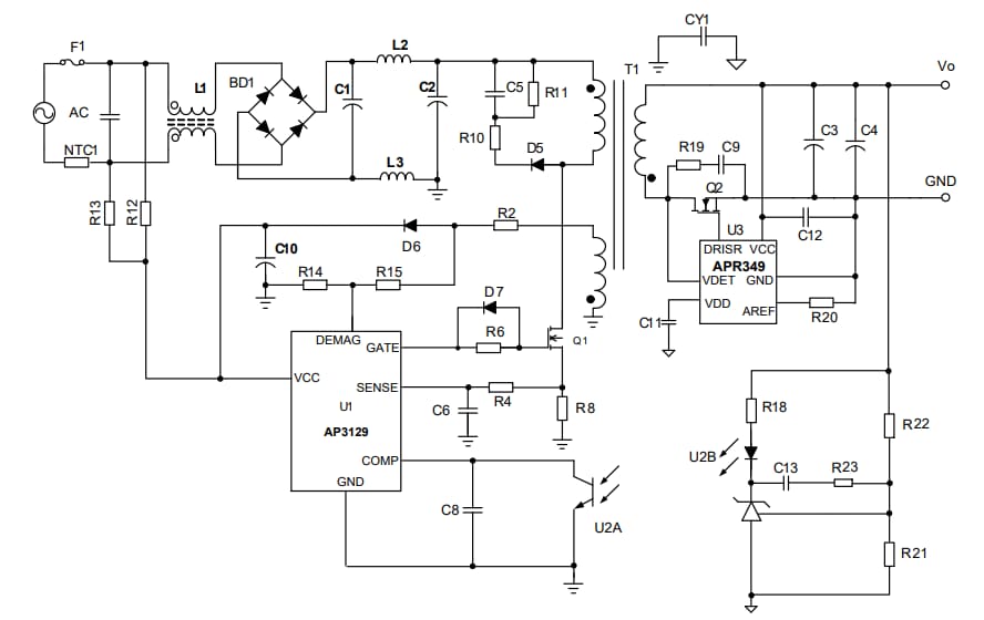 Applikations-Schaltungsdiagramm - Diodes Incorporated AP3129 Hochleistungs-Multimodus-PWM-Controller
