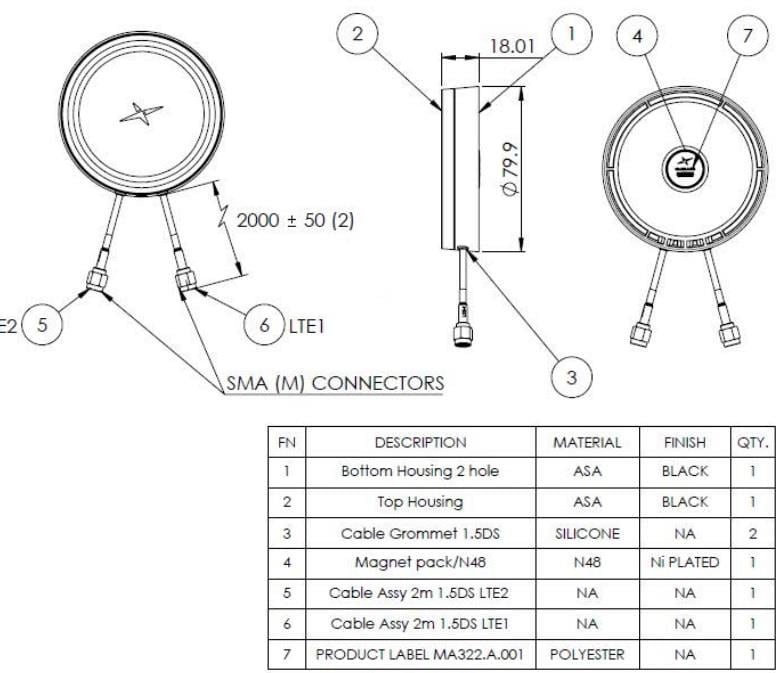 Technische Zeichnung - Taoglas M322.A.001 Comet 5 G/4 G MIMO Antenne