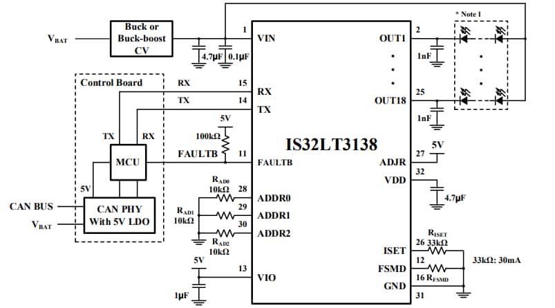 Application Circuit Diagram - Lumissil IS32LT3138 Linear LED Driver