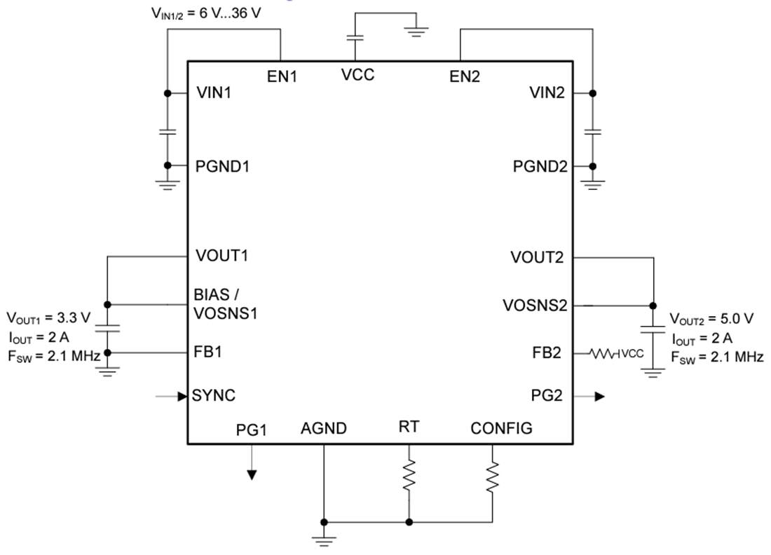 Schaltplan - Texas Instruments TPSM64404/TPSM64406 Leistungsmodule mit zwei Ausgängen