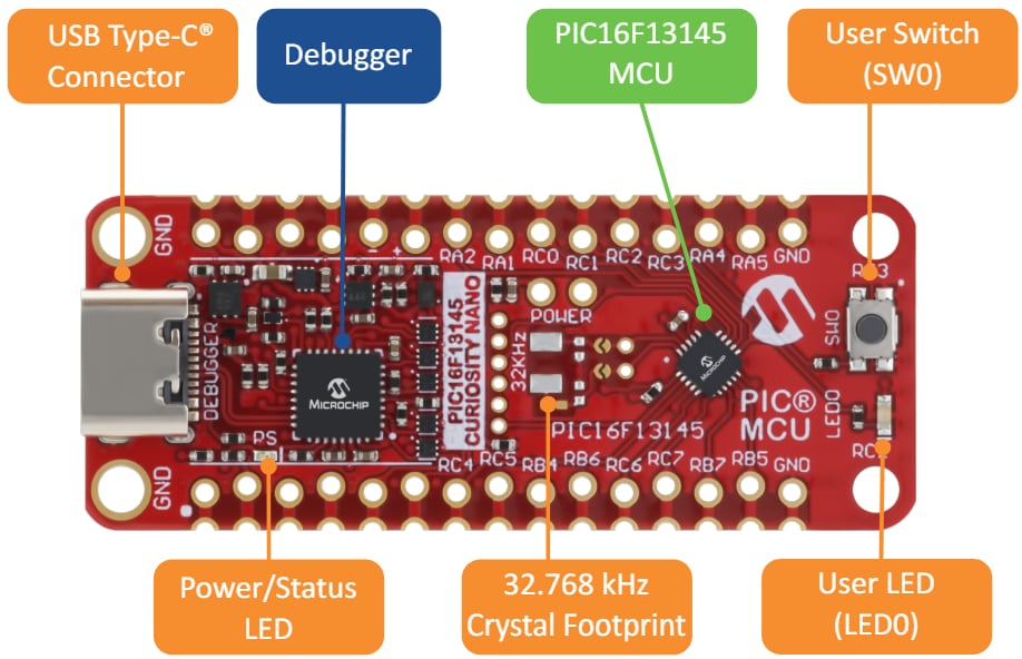 Applikations-Schaltungsdiagramm - Microchip Technology PIC16F13145 Curiosity Nano Evaluierungskit