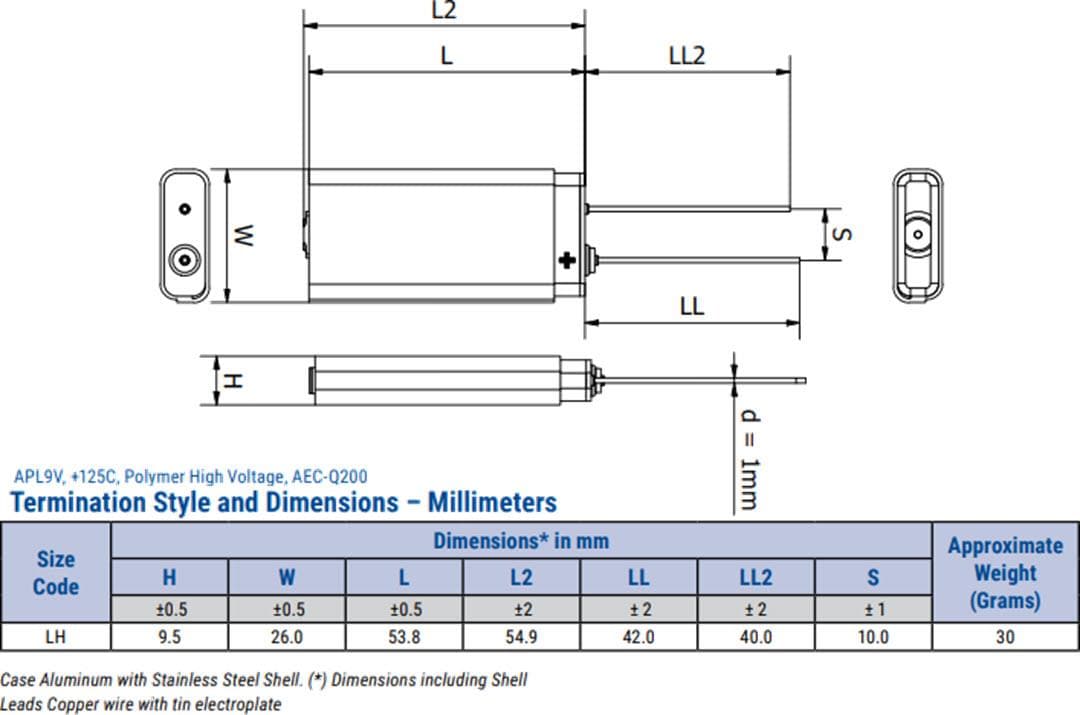 Technische Zeichnung - KEMET APL9x Rechteckige Aluminium- Polymerkondensatoren
