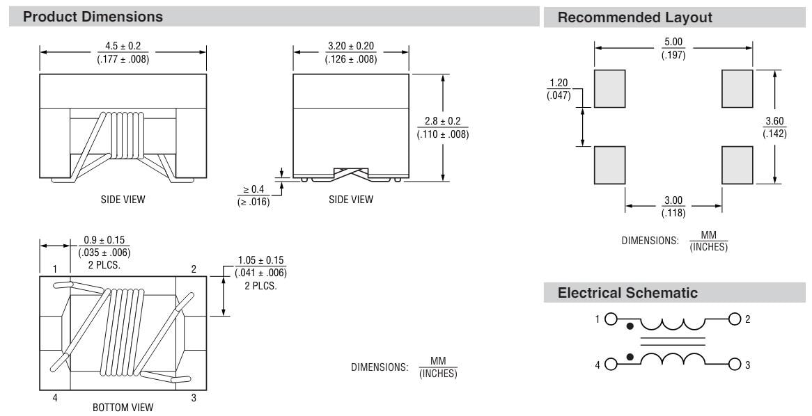 Technische Zeichnung - Bourns SRF4532TA-Baureihe Gleichtakt-Chip-Induktivitäten