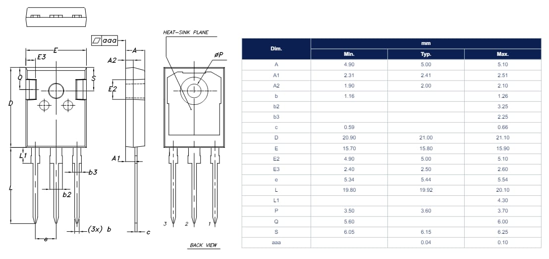Technische Zeichnung - STMicroelectronics GWA40MS120DF4AG Automobilstandard-IGBT der MS-Baureihe