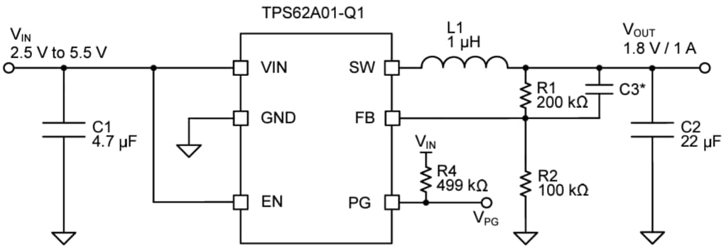 Applikations-Schaltungsdiagramm - Texas Instruments TPS62A01-Q1 Synchroner Abwärtswandler (Tiefsetzer)