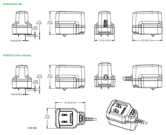Technische Zeichnung - XP Power Wandmontageadapter der Baureihen VFL05 und VFR05