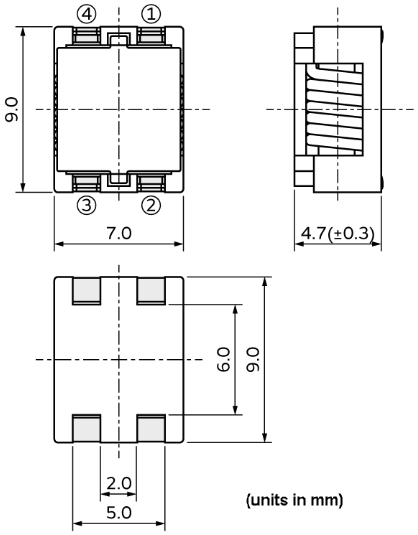 Technische Zeichnung - Murata Electronics UCMH90 Gleichtakt-Drosselspule/Rauschfilter