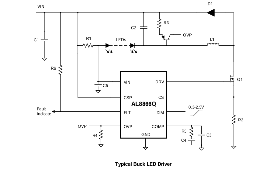Applikations-Schaltungsdiagramm - Diodes Incorporated AL8866Q Aufwärts-/Abwärts-, Aufwärts-, Abwärts- und SEPIC-Wandler