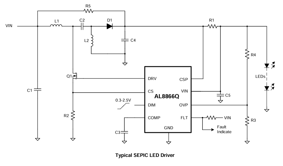 Applikations-Schaltungsdiagramm - Diodes Incorporated AL8866Q Aufwärts-/Abwärts-, Aufwärts-, Abwärts- und SEPIC-Wandler