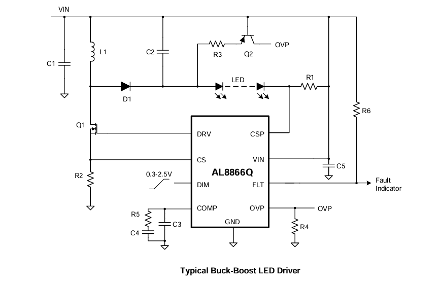 Applikations-Schaltungsdiagramm - Diodes Incorporated AL8866Q Aufwärts-/Abwärts-, Aufwärts-, Abwärts- und SEPIC-Wandler