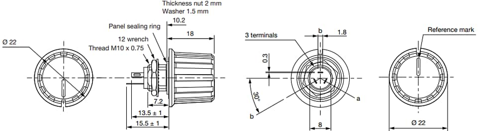 Technische Zeichnung - Vishay / Sfernice P16FNP Cermet Knopf-Potentiometer
