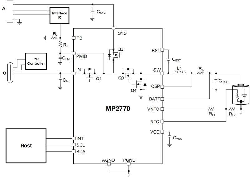 Application Circuit Diagram - Monolithic Power Systems (MPS) MP2770 Digital 6A 1-Cell Switching Chargers